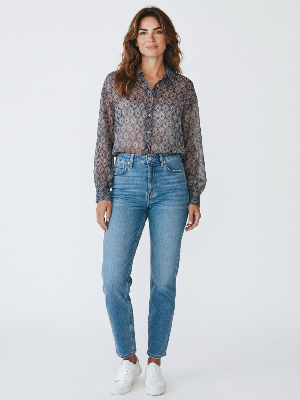 Zara Navy Tan Medallion Print Sheer Oversized Button Blouse